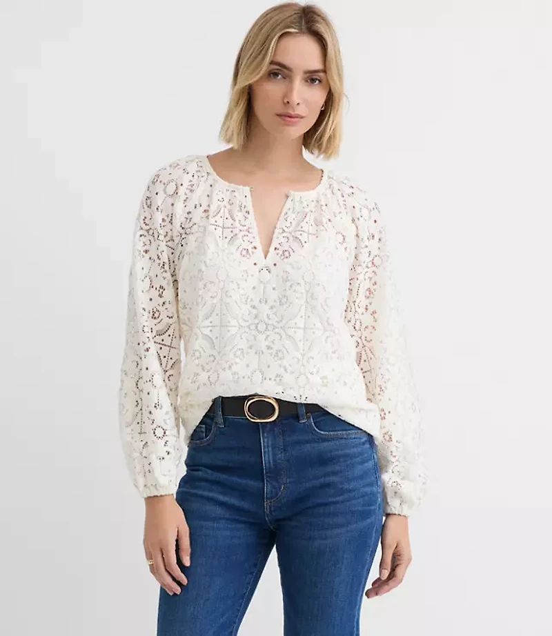Petite Lace Split Neck Blouse