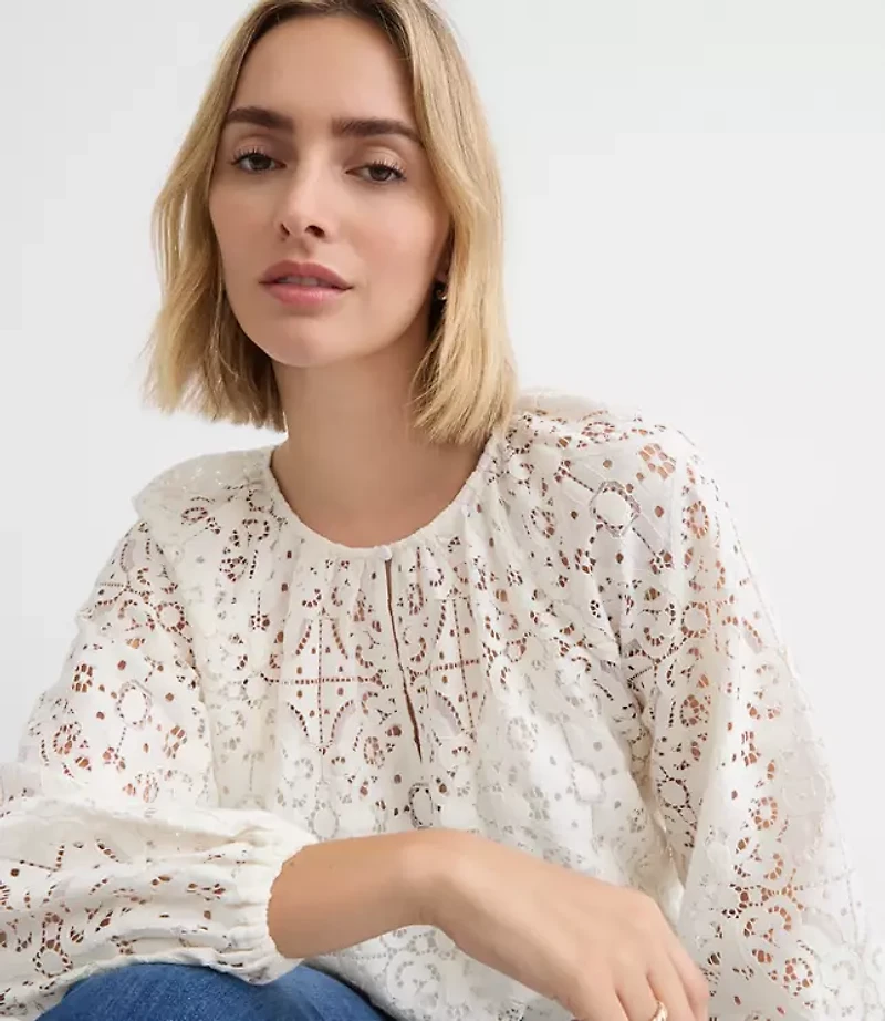 Petite Lace Split Neck Blouse