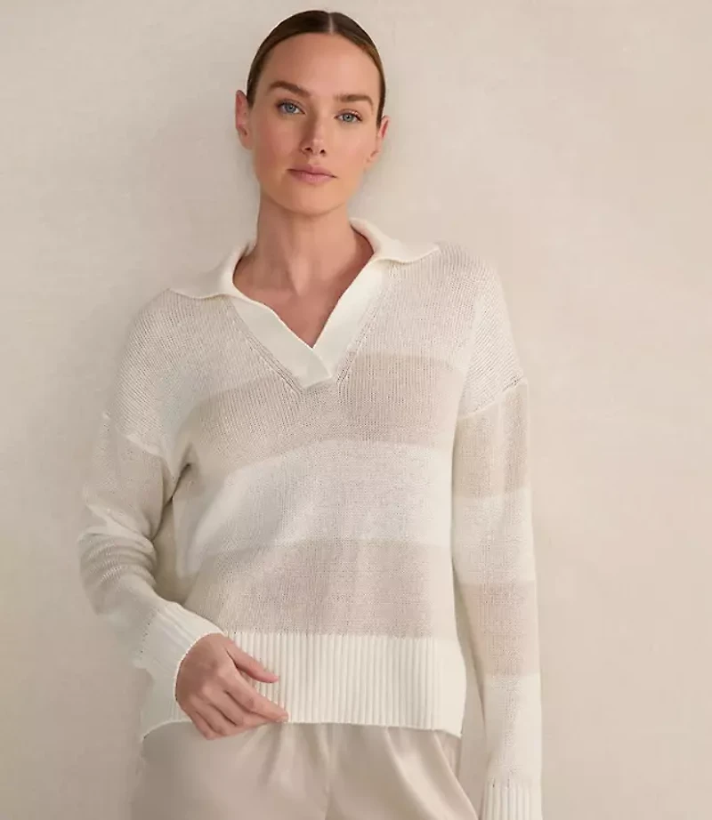 Haven Well Within Organic Cotton Linen Stripe Johnny Collar Sweater