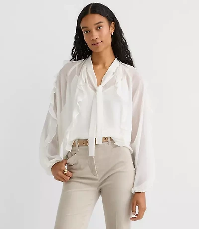 Petite Ruffle Tie Neck Blouse