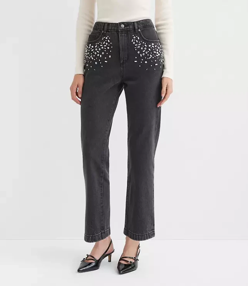 Petite Jeweled Pocket High Rise Straight Jeans Washed Black