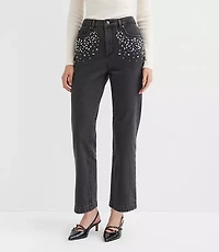Petite Jeweled Pocket High Rise Straight Jeans Washed Black