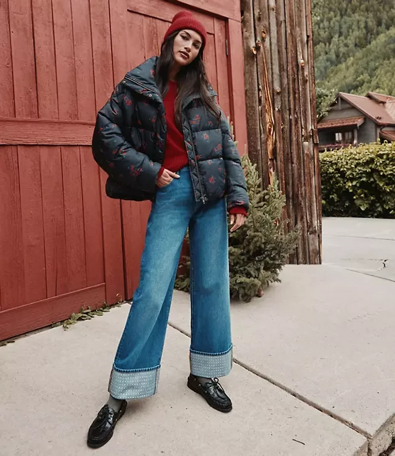 Embellished Cuffed High Rise Wide Leg Crop Jeans Bright Mid Indigo Wash