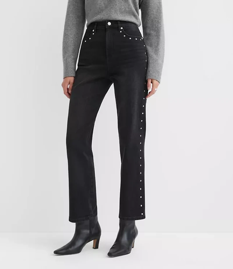 Petite Studded High Rise Straight Jeans Washed Black
