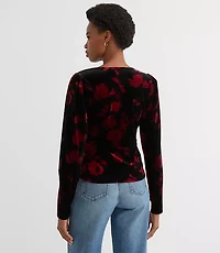Petite Floral Velvet Puff Sleeve V-Neck Top