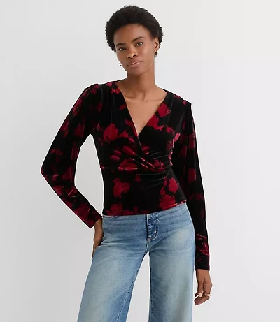 Petite Floral Velvet Puff Sleeve V-Neck Top