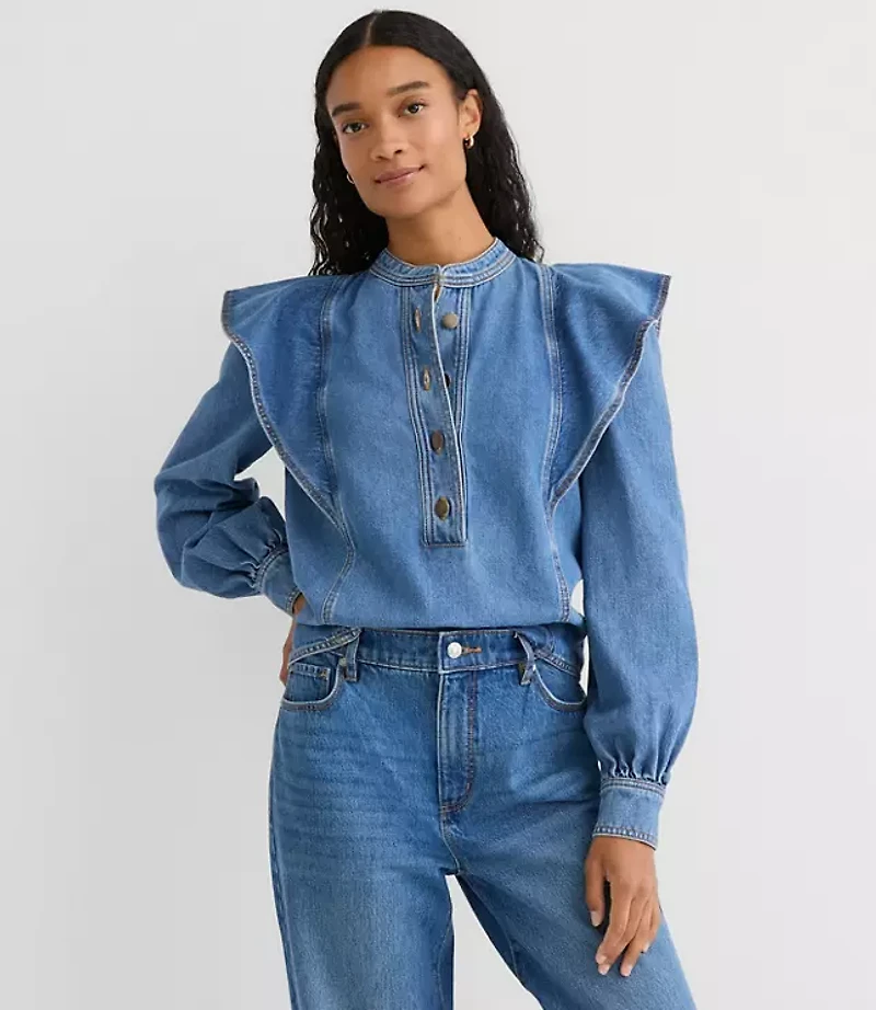 Petite Ruffle Denim Shirt Light Wash