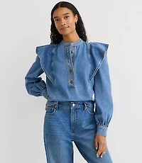 Petite Ruffle Denim Shirt Light Wash