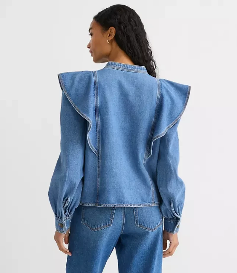 Petite Ruffle Denim Shirt Light Wash