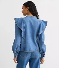 Petite Ruffle Denim Shirt Light Wash