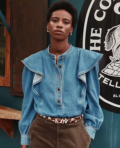 Petite Ruffle Denim Shirt Light Wash