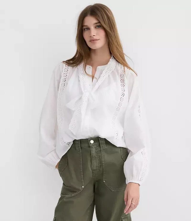 Scalloped Eyelet Bow Blouse
