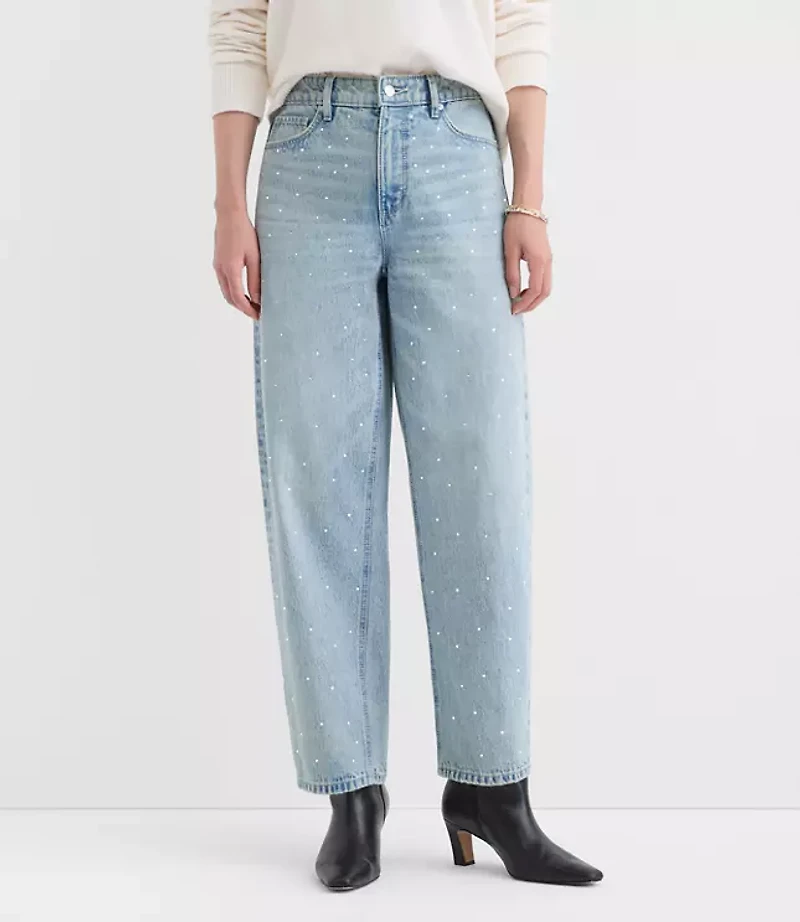 Curvy Sparkle Embellished High Rise Barrel Jeans Vintage Light Indigo Wash