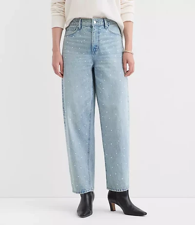 Petite Curvy Sparkle Embellished High Rise Barrel Jeans Vintage Light Indigo Wash