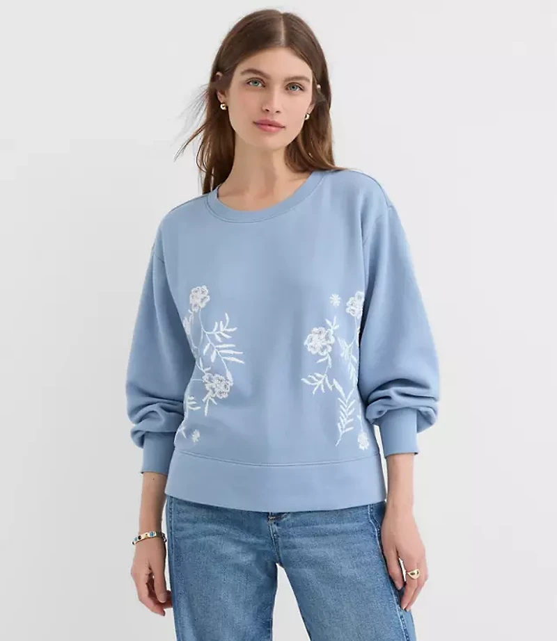 Petite Floral Embroidered Terry Puff Sleeve Sweatshirt