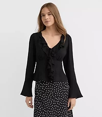 Jacquard Ruffle Tie Neck Blouse