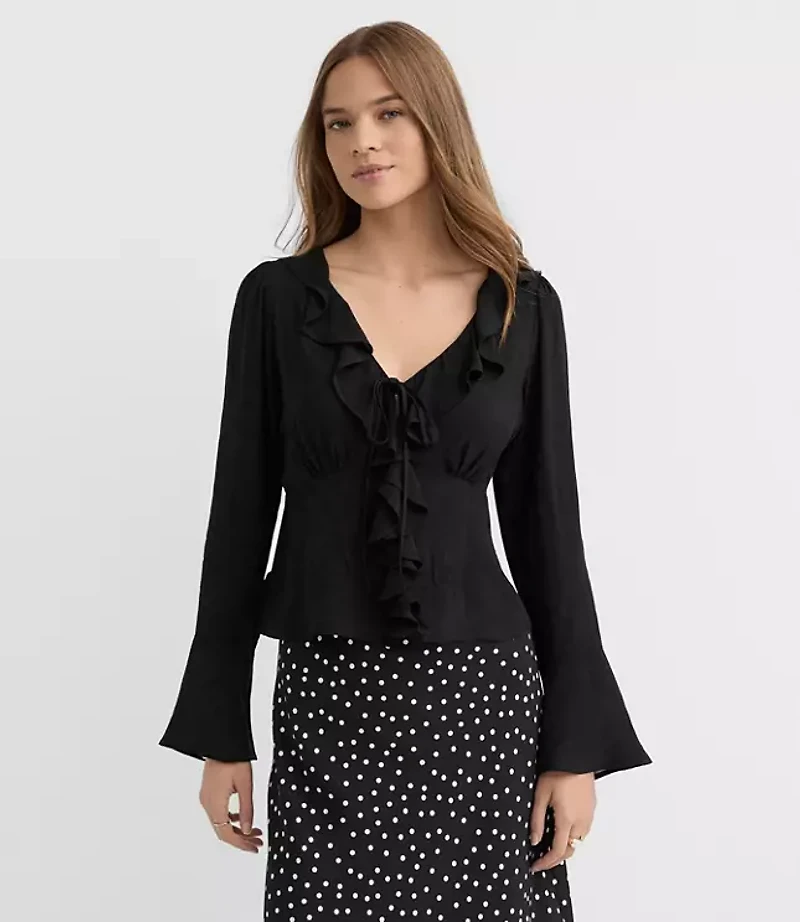 Jacquard Ruffle Tie Neck Blouse