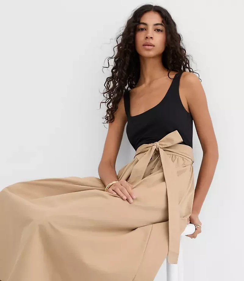 Tie Waist Mixed Media Midi Pocket Dress