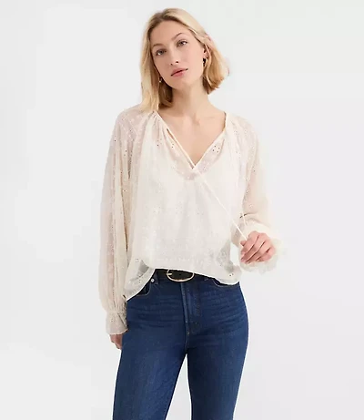 Eyelet Ruffle Cuff Tie Neck Blouse