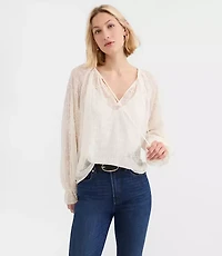 Eyelet Ruffle Cuff Tie Neck Blouse