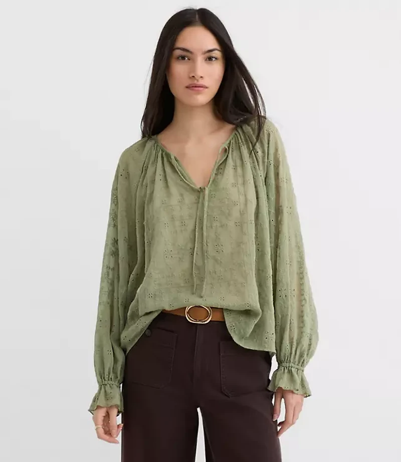 Eyelet Ruffle Cuff Tie Neck Blouse