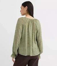 Eyelet Ruffle Cuff Tie Neck Blouse