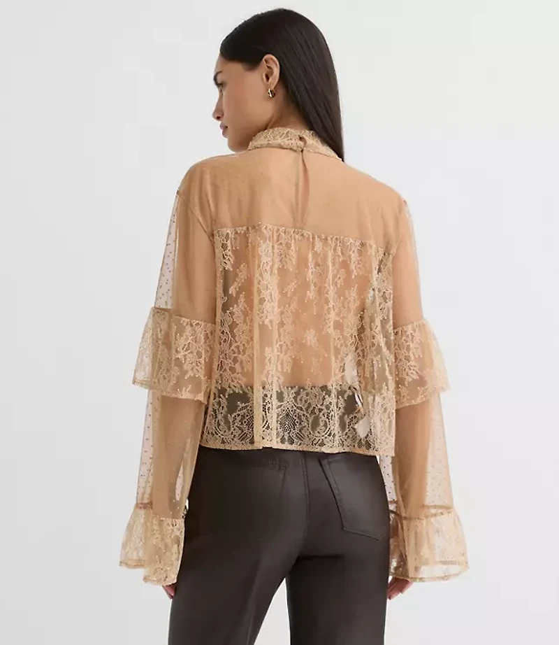 Petite Velvet Dotted Chantilly Lace Ruffle Top