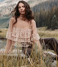 Petite Velvet Dotted Chantilly Lace Ruffle Top