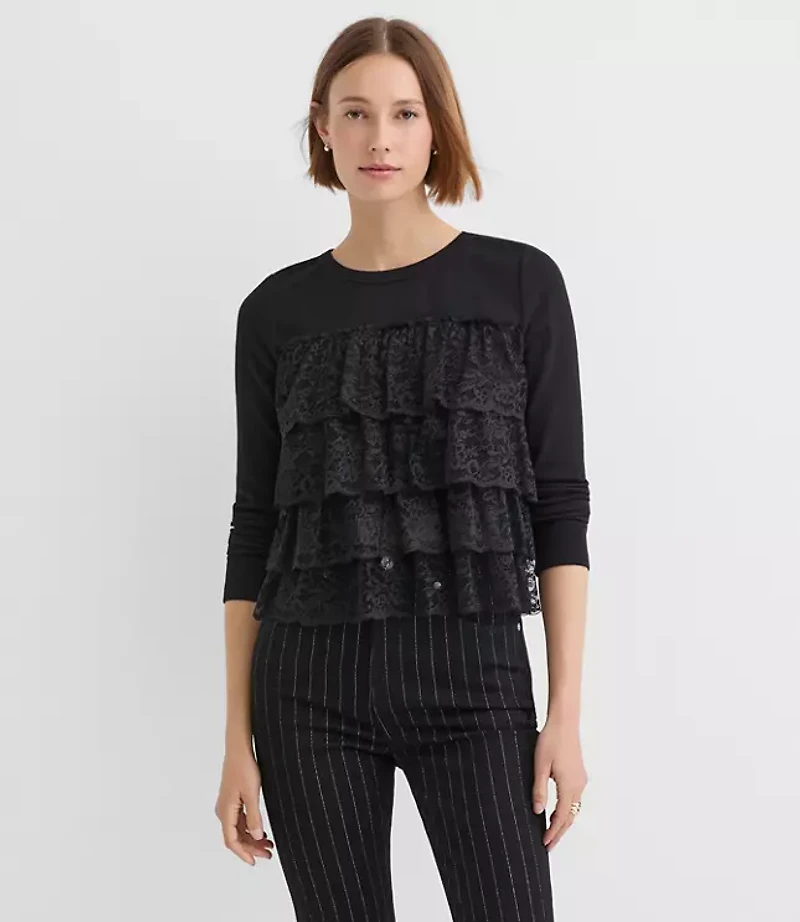 Petite Lace Ruffle Mixed Media Top