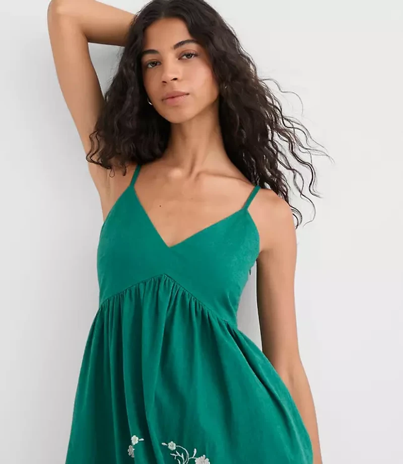 Floral Linen Cotton Strappy Midi Pocket Dress