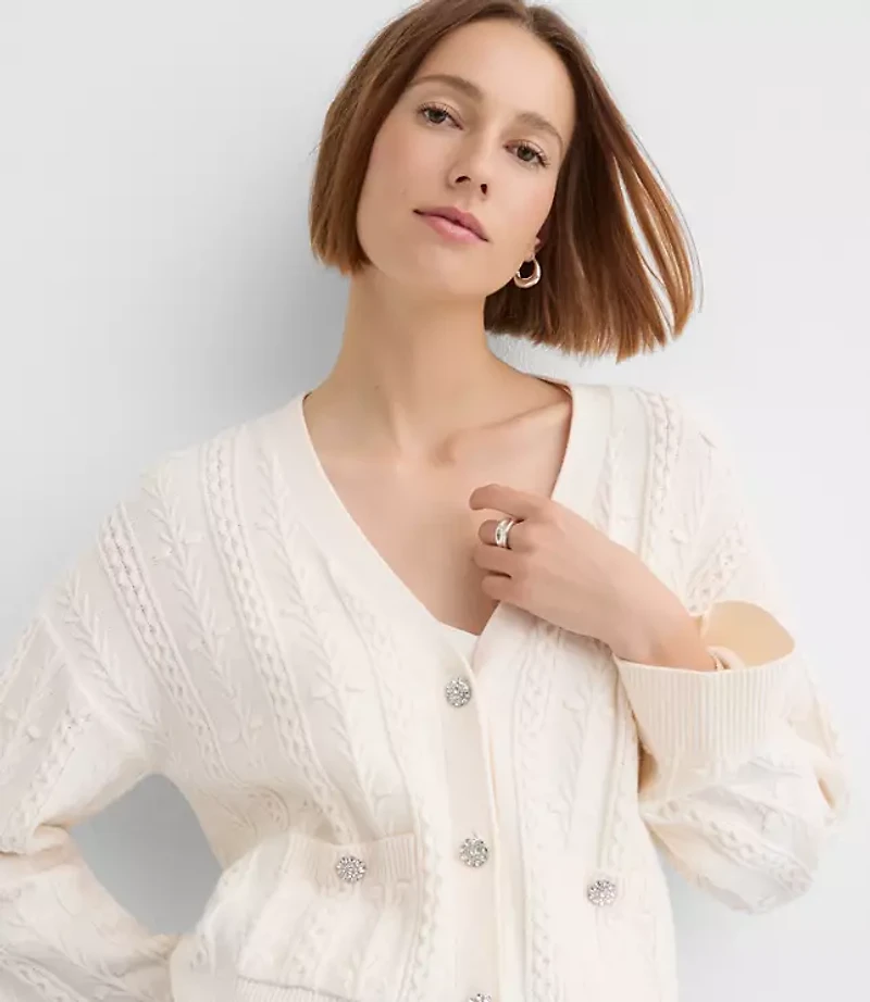 Petite Crystal Button Cable V-Neck Cardigan