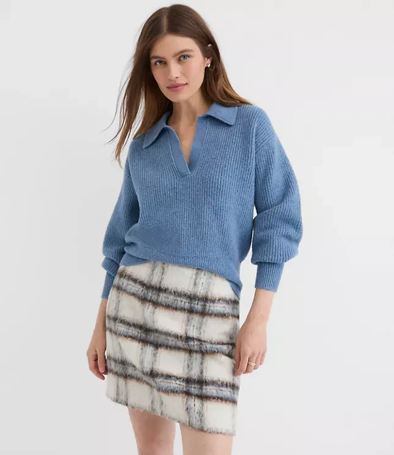 Ribbed Collared Split Neck Sweater