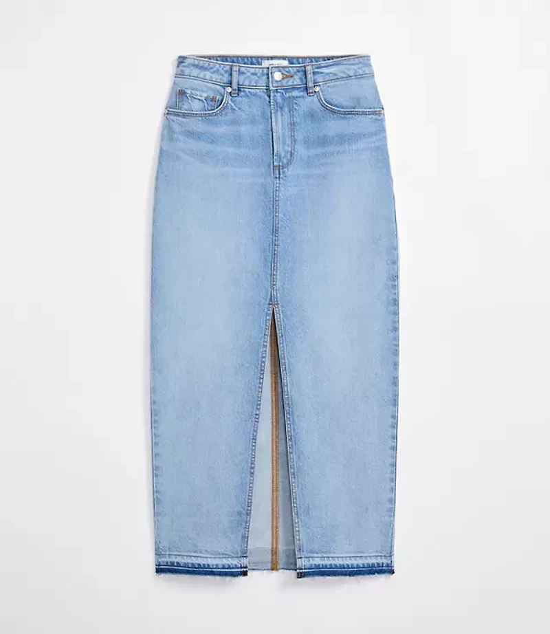 Rivete Front Slit Denim Maxi Skirt Vintage Light Indigo Wash