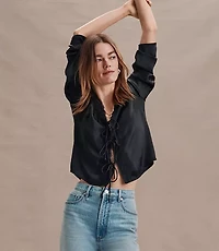 Lace Trim Satin Bow Blouse