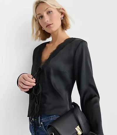 Lace Trim Satin Bow Blouse