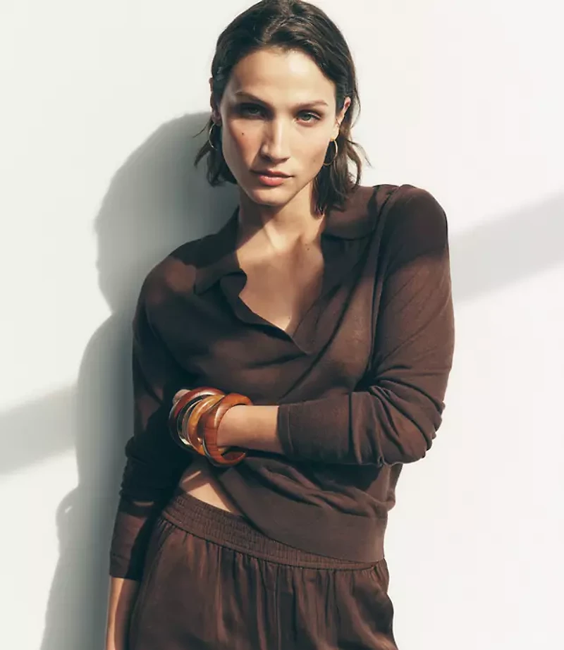 Sheer Collared Split Neck Sweater