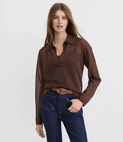 Sheer Collared Split Neck Sweater