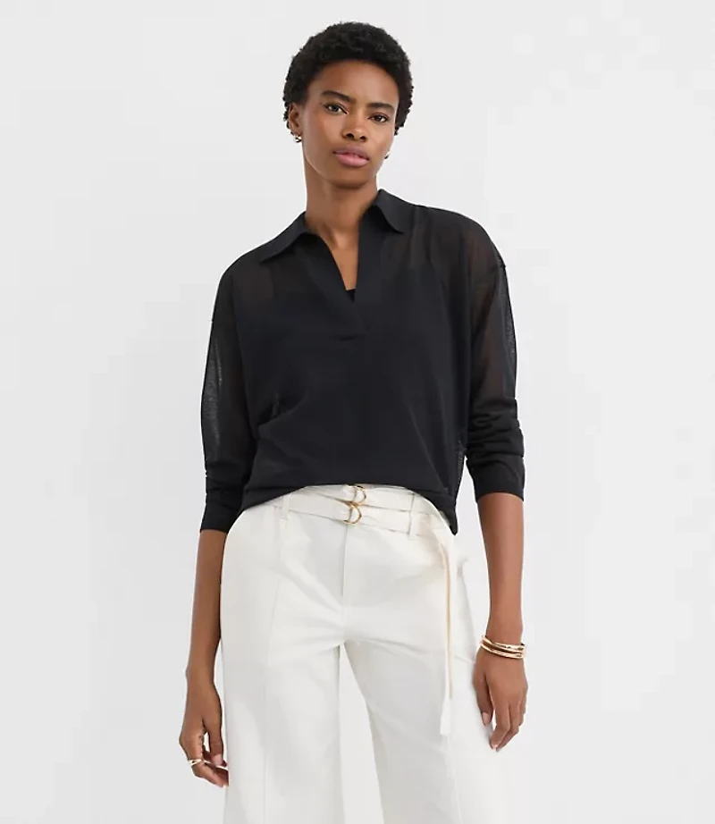 Sheer Collared Split Neck Sweater