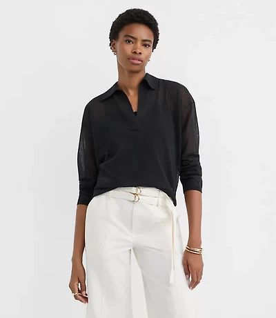 Sheer Collared Split Neck Sweater