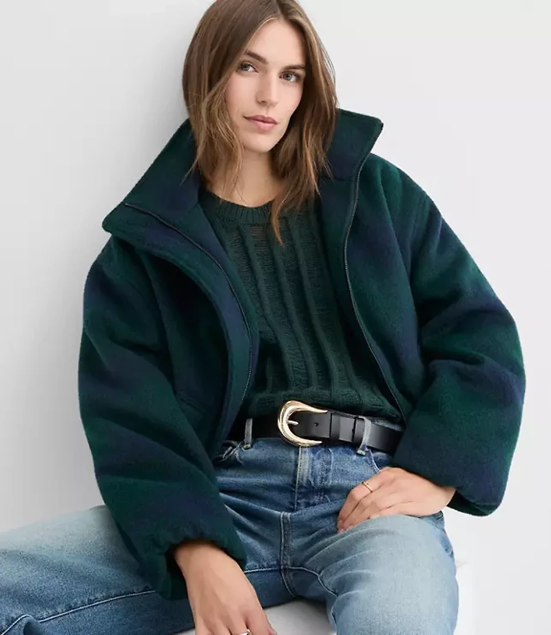 Plaid Funnel Neck Bubble Jacket