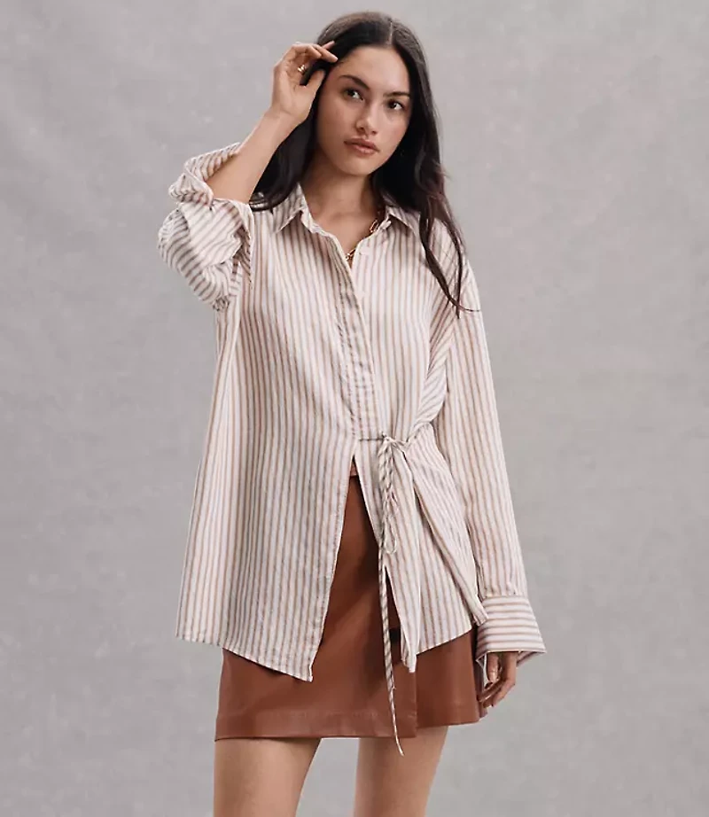 Striped Asymmetrical Side Tie Tunic Shirt