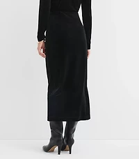 Petite Velvet Ruched Button Midi Skirt