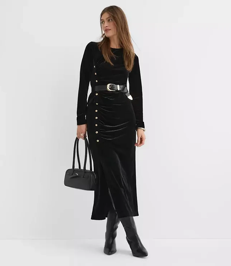 Petite Velvet Ruched Button Midi Skirt