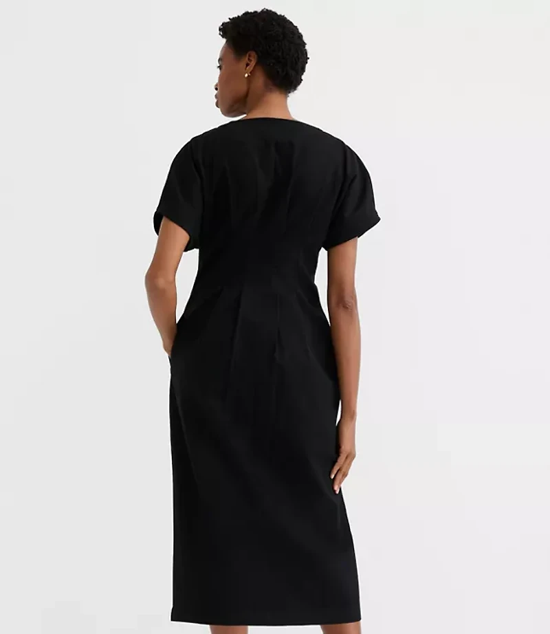 Pleated Barrel Sleeve Midi Pocket Dress