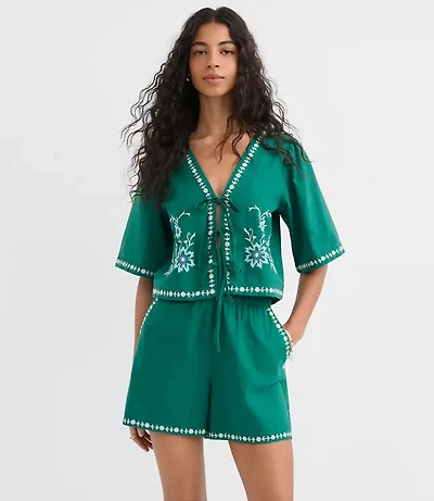 Floral Embroidered Linen Cotton Shorts