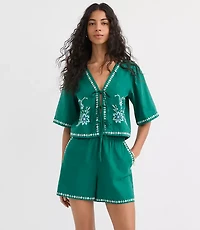 Floral Embroidered Linen Cotton Shorts