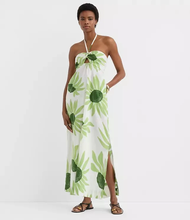 LOFT Beach Floral Linen Cotton Halter Maxi Pocket Dress