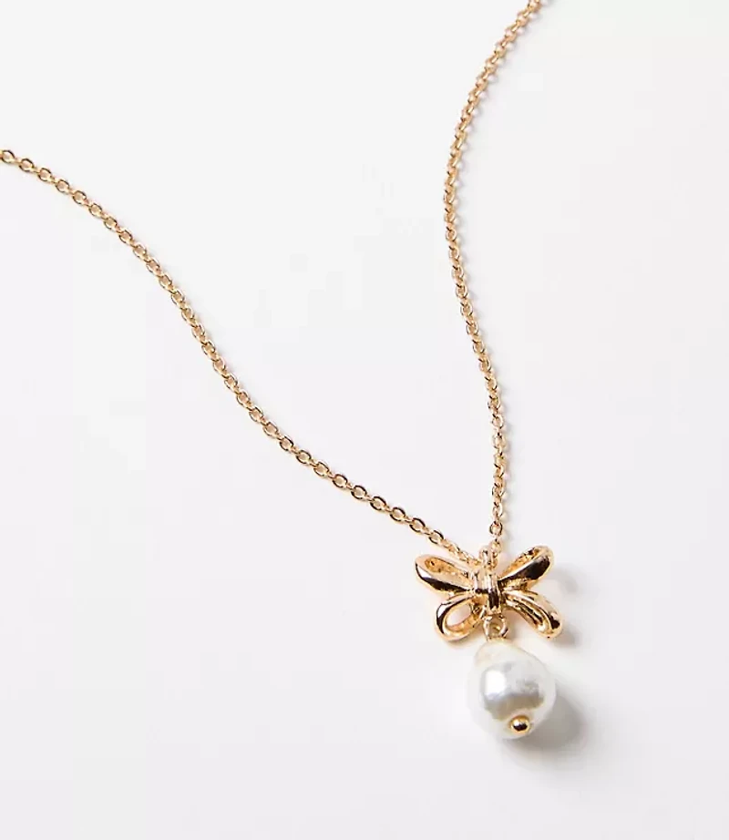 Pearlized Bow Drop Delicate Necklace
