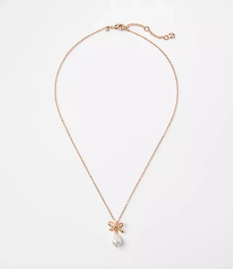 Pearlized Bow Drop Delicate Necklace