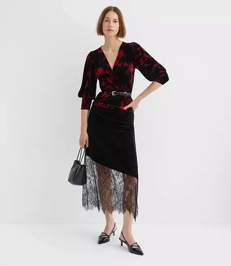 Petite Chantilly Lace Velvet Bias Midi Skirt